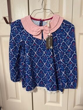 Matilda Jane Blue Floral Long-Sleeve Top with Pink Peter Pan Collar size 10